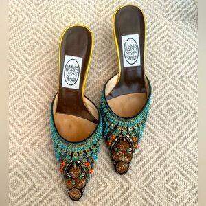 EMMA HOPE’S Shoes— Embroidered Satin Brown Kitten Heel Mules Size 40